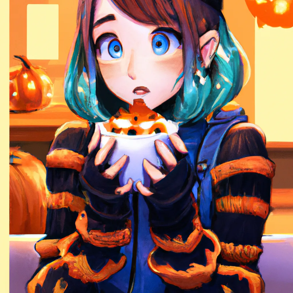 Prompt: highly detailed American shot anime key visual of an enthusiastic cute anime girl wearing a cosy winter outfit, watching her pumpkin spiced latte excitedly, contrasted and bright; brown, orange, green and dark blue colour palette; Digital art, trending on Artstation, Photorealistic Illustration, anime key visual, cinematic, Ultra detailed, food photography