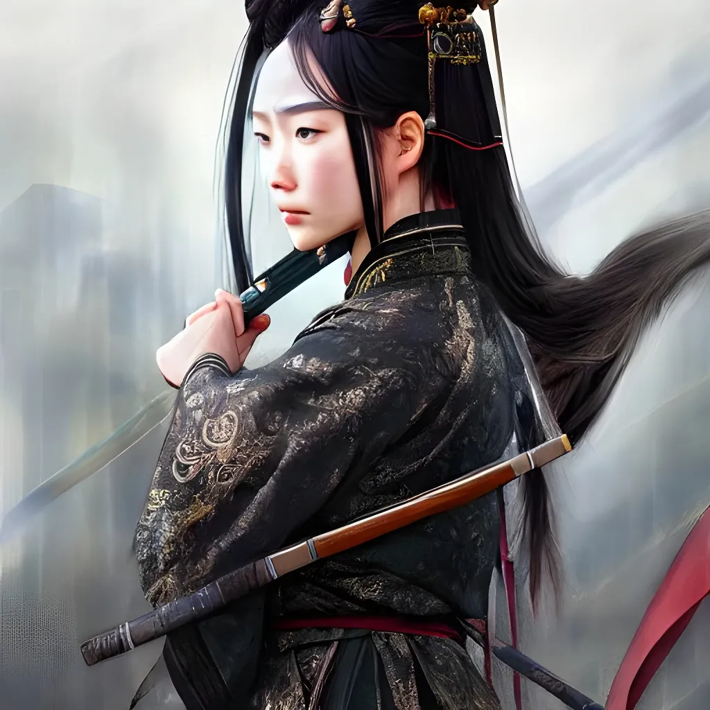 Prompt: An epic fantasy wuxia illustration portrait of a beautiful Chinese female 20th century sniper while wearing tactical 17th century military hanfu, xianxia, intricate linework, depth of field by Yoji Shinkawa, artstation, pixiv, artgerm, unreal engine, masterpiece, bright colours, high quality