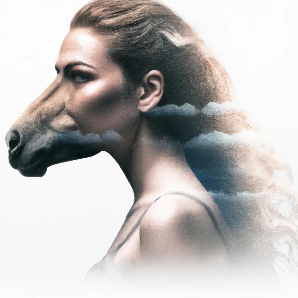 Prompt: A photo of a cute young woman's head combined with a 3D render of a hybrid horse head. Epic film poster style.