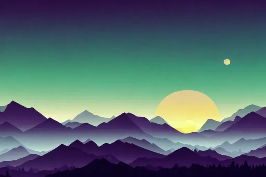 Prompt: Multiple layers of silhouette mountains, Himalayas, with silhouette of asteroid belt, sharp edges, at sunset, with heavy green fog in air, vector style, horizon silhouette Landscape wallpaper by Alena Aenami, firewatch game style, vector style background, blue, green, grey