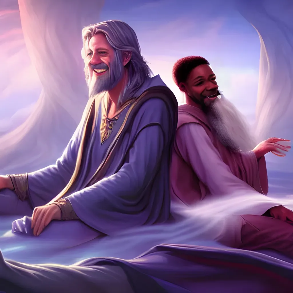 Prompt: fantasy artwork of two wizard men in their 30's one african one white resting peacefully and smiling in the astral plane, 8k hd, extremely detailed, selina fenech