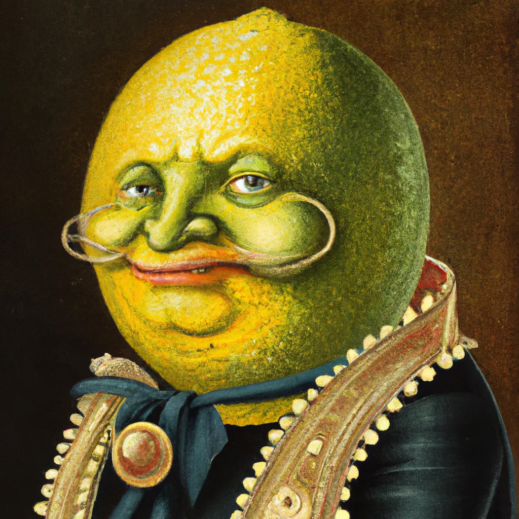 Prompt: A portrait of an anthropomorphic lemon wearing a fancy suit, angry, hyperrealism oil painting by Jan van Eyck.
