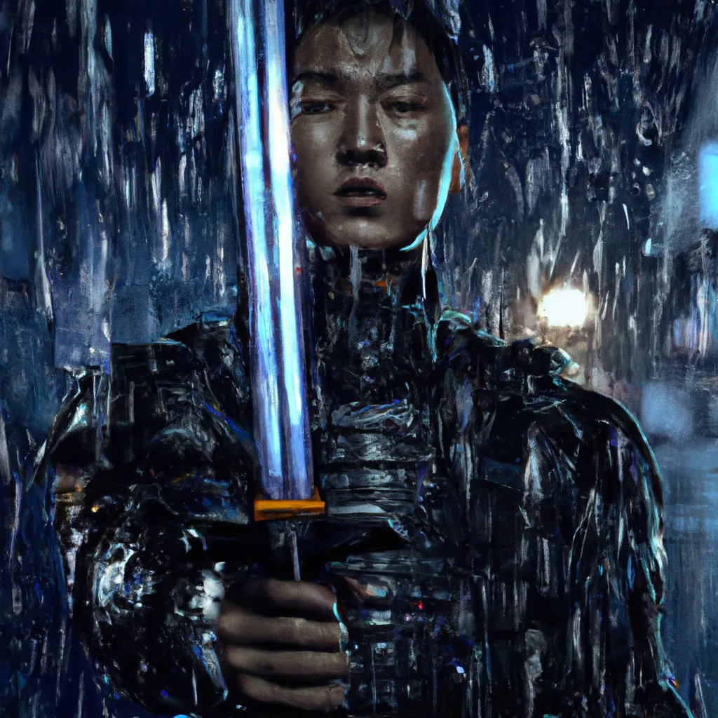 Prompt: A close up of a cyberpunk samurai holding a katana while it's raining, digital art, detailed, realistic, intricate, 8k 85 mm, award winning 85 mm photo 85 mm 85 mm by hsiao-ron