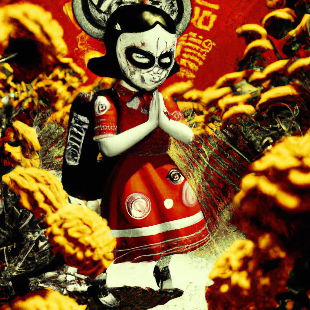 Prompt: a Ukiyo-e comic book styled vintage risograph of a adorable lit Dia de Los muertos Girl wearing a gasmask and hazmat suit,red spider lilies bloomin,bubbles,eclipse,4K,moody,award winning, trending on art station,goofy funny spooky scary mysterious halloween horror vibe, intricate details,digital art,incredible design,emotive,unreal engine 5 render,octane render,dia de Los muertos