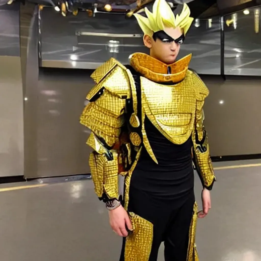 Prompt: a super hero wearing gold carbon fiber body armour with a bit coin badge on his suit, in the style of dragon ball anime