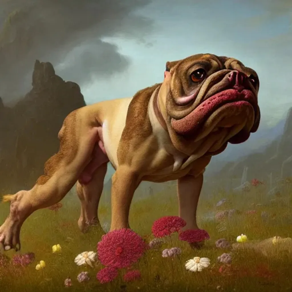 Prompt: Portraid of a Half bulldog, Half ostrich creature from an alien planet, surrounded by flowers, by Caspar David Friedrich, matte painting trending on artstation HQ