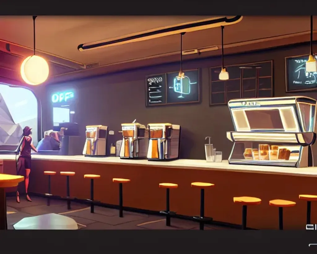 Prompt: Sleek and modern low-poly coffee shop with polished surfaces and holographic menus, sunny, highly detailed, digital painting, concept art, smooth, sharp focus, illustration, Unreal Engine 5, 8K, borderlands 2 artstyle by Greg rutkowski 