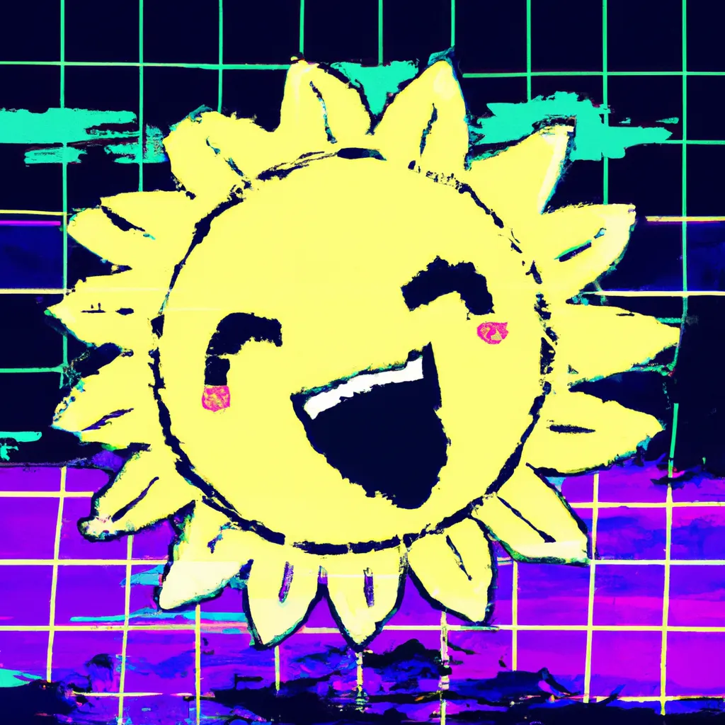 Prompt: children illustration of the sun, cute, vaporwave, glitchy, horror, 80s grunge