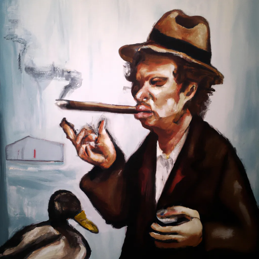 Prompt: oil painting of tom waits smoking cigar with a duck