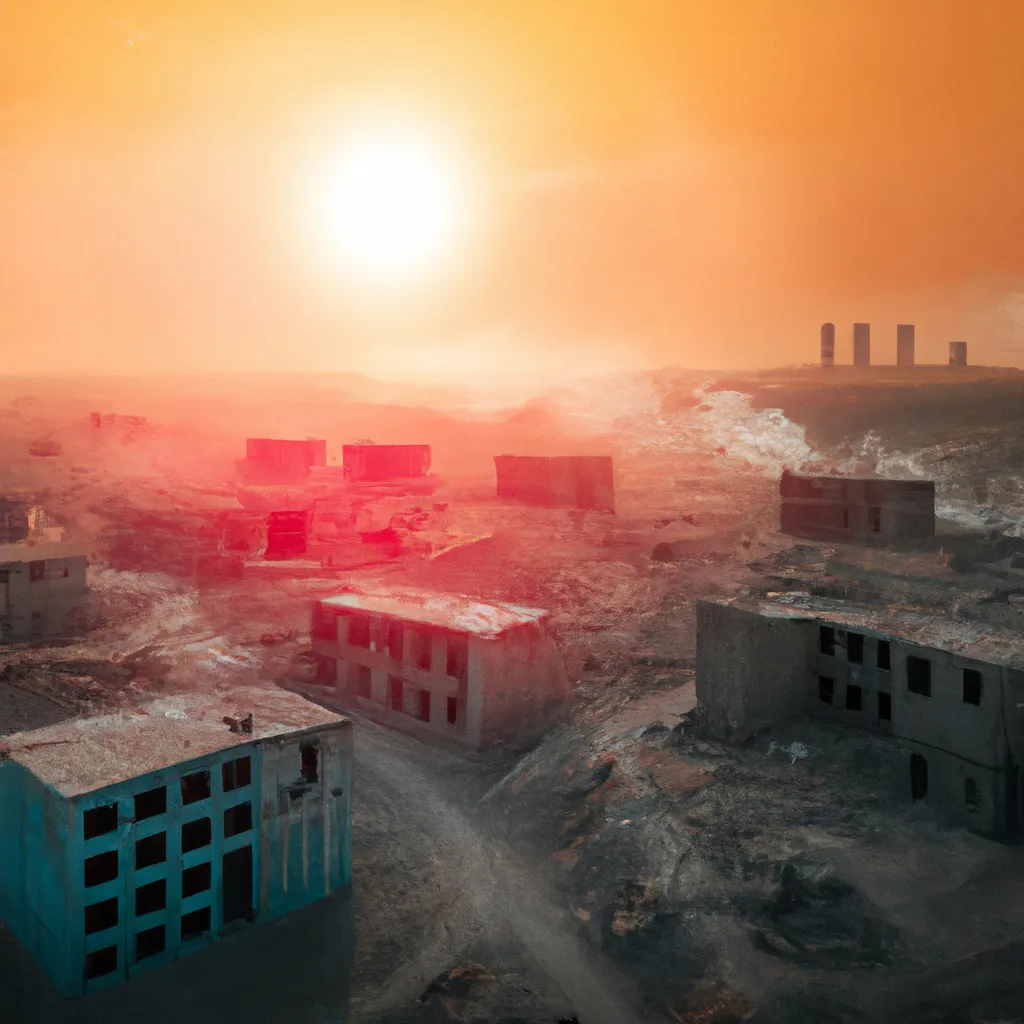 Prompt: Photography,Aerial Drone shot, cinematic still shot,8K,Hyper-photorealistic, Dystopian Wasteland on fire abandoned 
ghost town,vaporwave synthwave,Dystopian Apocalyptic vibe,refraction phenomenon,Eerie,highest quality,RED cameras,realistic,fog, octane render, photorealistic, unreal engine 5,award winning,