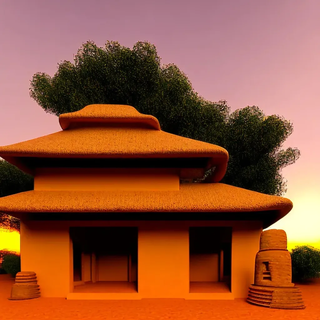 Prompt: African Buddhist temple, wattle and daub construction, Cobb, stucco fortifications, photograph, highly detailed, photorealistic, 80mm lens, over the shoulder perspective, vivid lighting, sunset