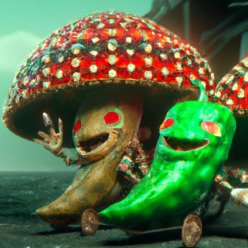 Prompt: Two race cars of anthropomorphic hot chilis peppers, one red and one green, racing with each other, cyberpunk, redshift render, 4k ultra-detailed  | Giant Cosmic mushroom  | cute girl | in the style of Magritte  | use brown, black, gray, white soft muted colors | 3d render | octane lighting | dream fantasy | computer chip| IC chip | golden ratio | Disney Pixar Dreamworks 