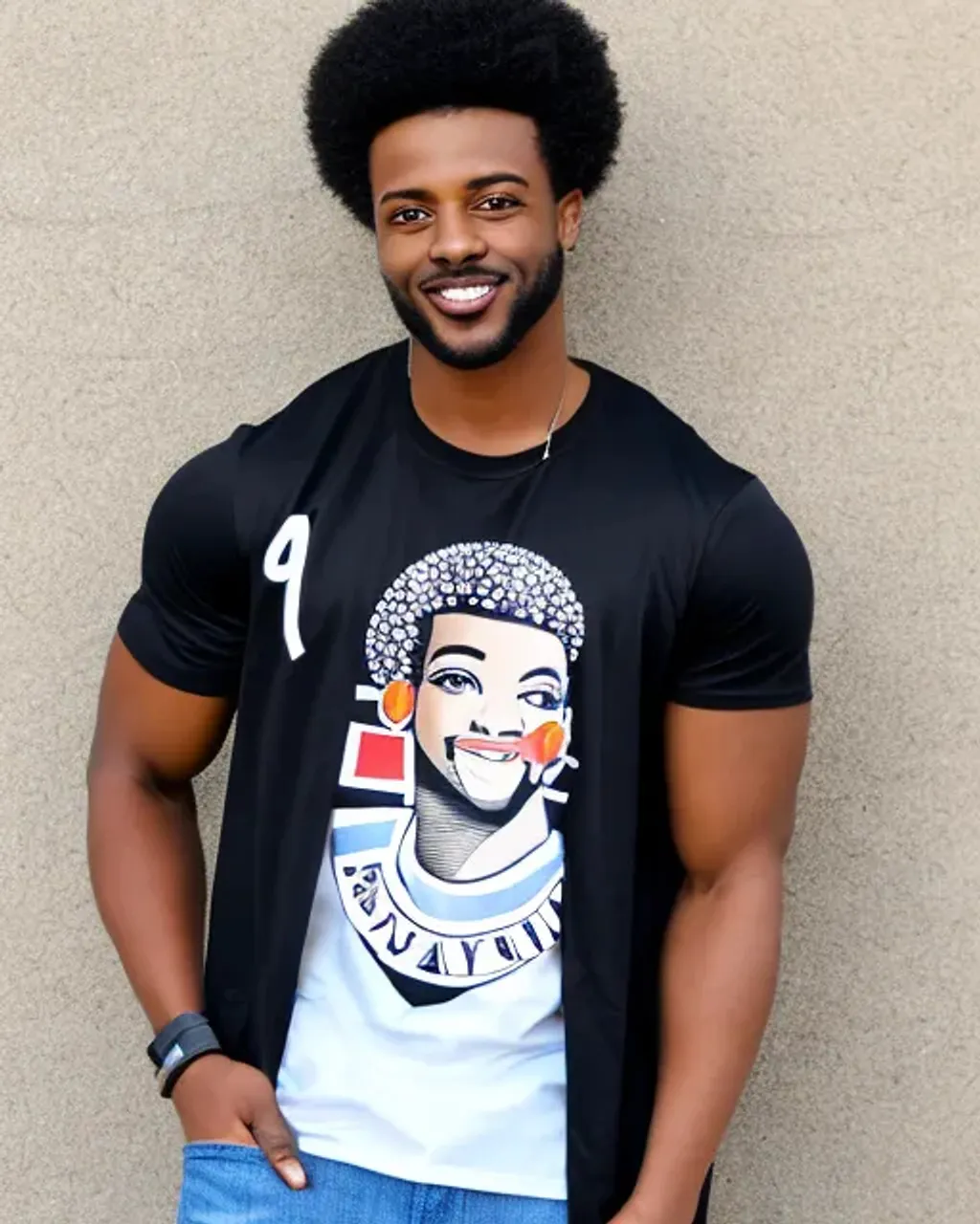 Prompt: A young afro-american guy with a round friendly face, sparkling brown eyes, (a head of short curly black hair styled in a playful Afro), a small tattoo of a star on his cheek and a pair of silver stud earrings in his ears, ((wearing a colorful mismatched outfit consisting of a graphic t-shirt and a pair of ripped jeans)), he has a happy and energetic expression on his face, standing in front of a bustling street market surrounded by vendors and customers,