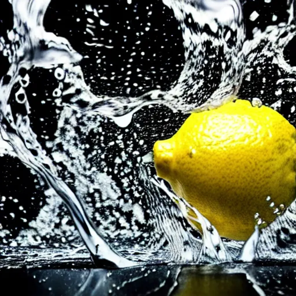 Prompt: Water Splash When a lemon hits the water as it falls, random abstract shapes and patterns, dark background