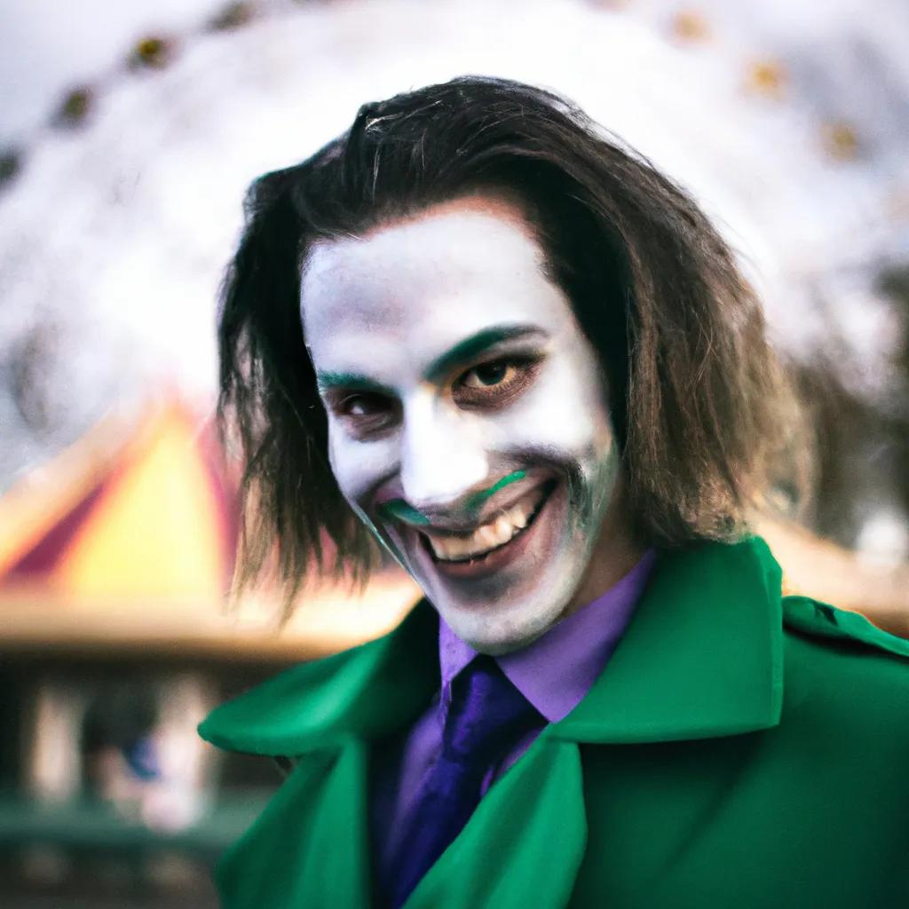 Prompt: A handsome man with clown makeup. Long green hair. A purple overcoat. Dress clothes. The man has a creepy smile. 35 mm film grain. Nikon. Bokeh. At an Amusement park.