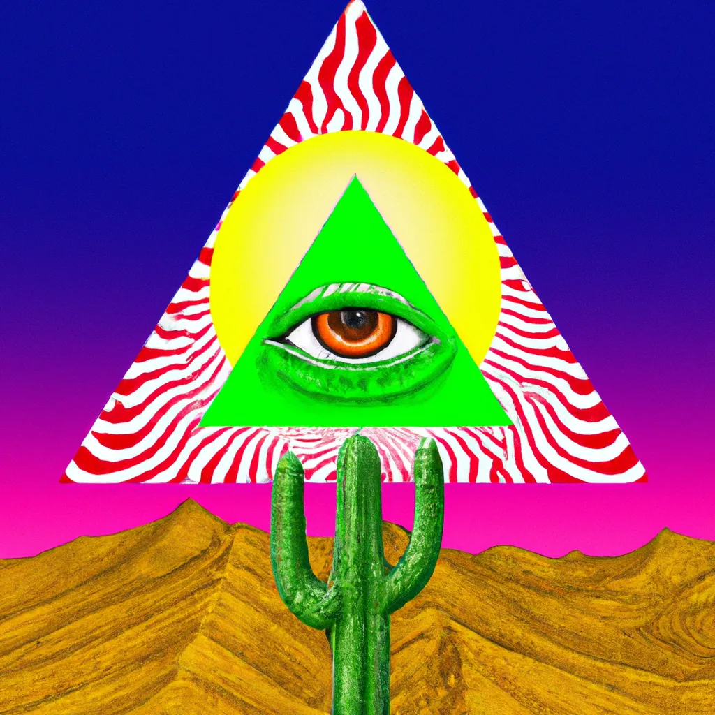 Prompt: third eye illuminati peyote cactus sun desert illustration acid trip poster cgi