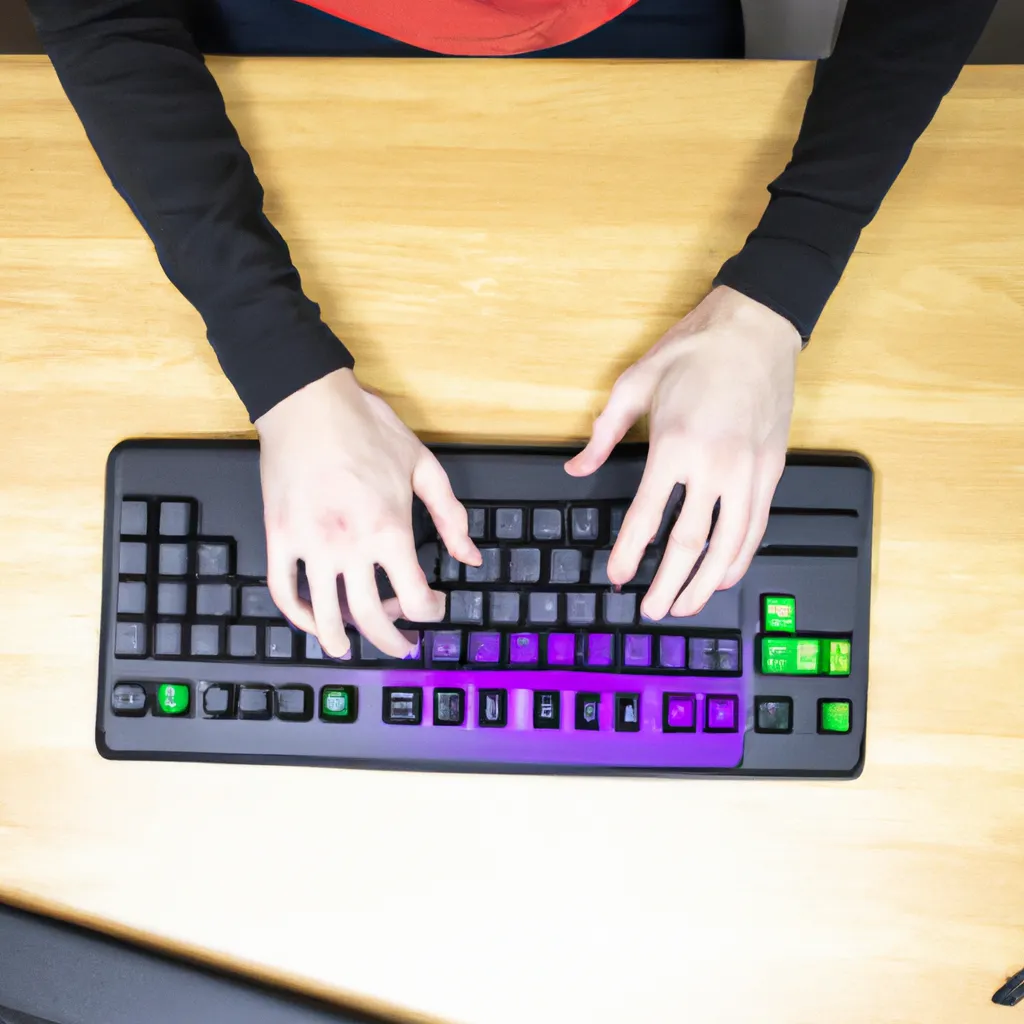 Prompt: A man sitting at a desk typing on his computer with a RGB keyboard