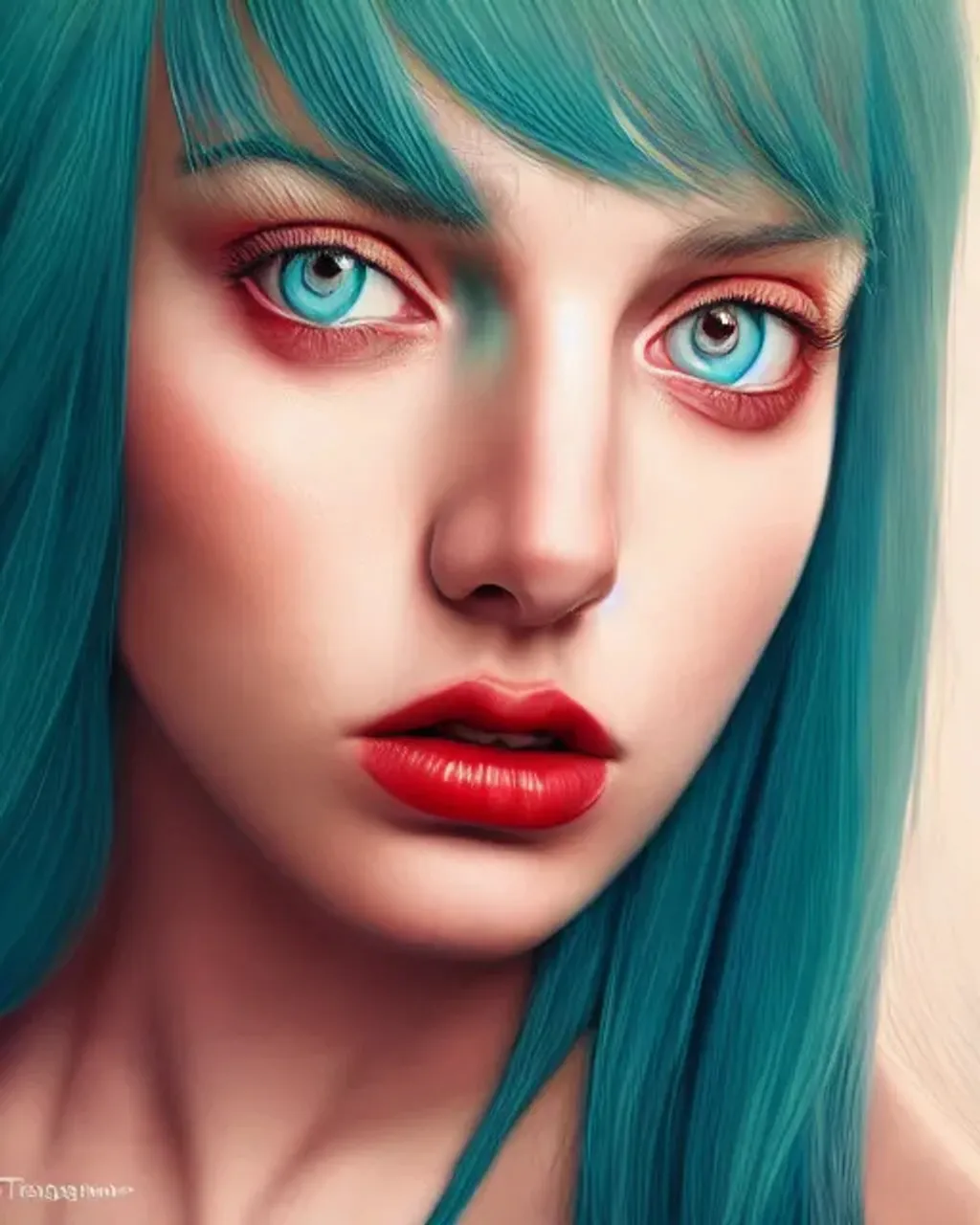 Prompt: portrait, beautiful woman with red-colored eyes, teal hair, clothed, facial symmetry, perfect eyes, centered, gradient background, perfect composition, hyperrealistic, photorealism, super detailed, 32k, high quality, trending on artstation, sharp focus, studio lighting, intricate details, hyperdetailed photography by dino tomic,