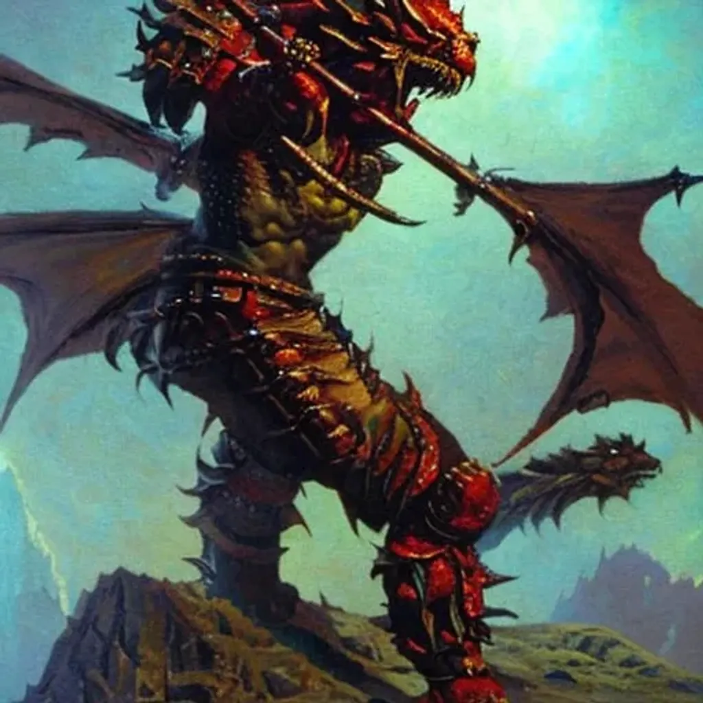 Prompt: Demonic Dragon Knight, heavy armed and armored, giant spears, fantasy art by Frank Frazetta, by Marc Simonetti, highly detailed, oil on canvas