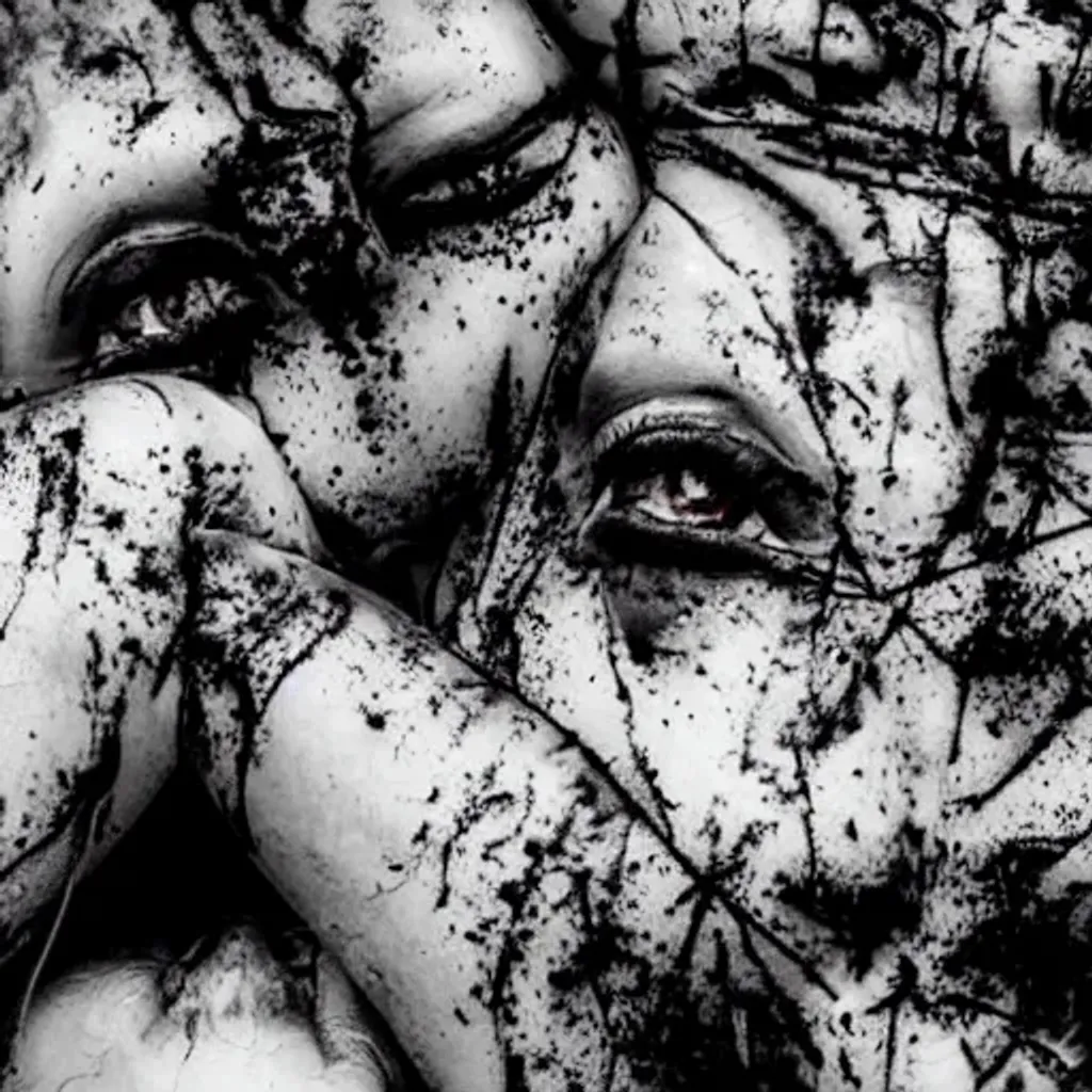 Prompt: Wall of flesh covered in blood, detailed photographic art, insane, depressive, black and white only