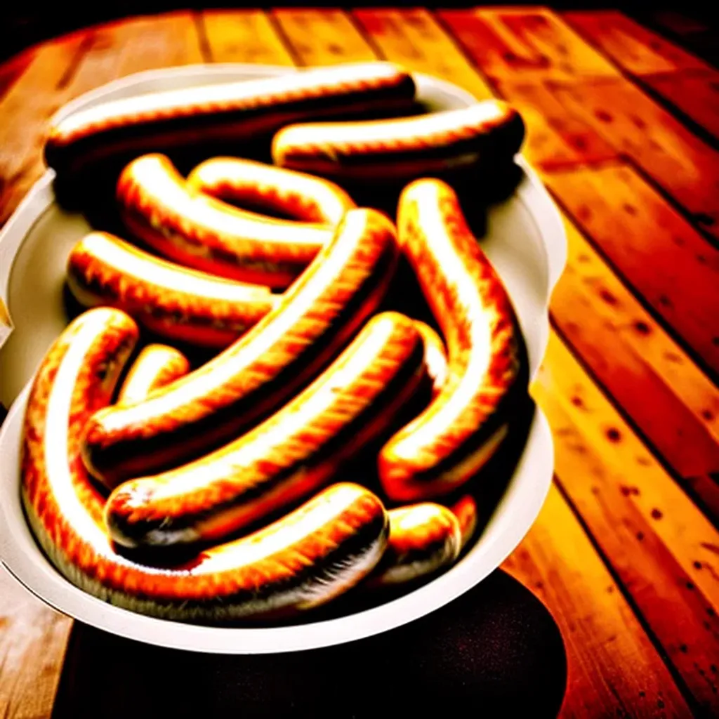 Prompt: A bowl of Schnitzengruben sausages, broad light, Kodachrome, photograph, highly detailed, German timber houses, close up angle, wide angle lens, artistic