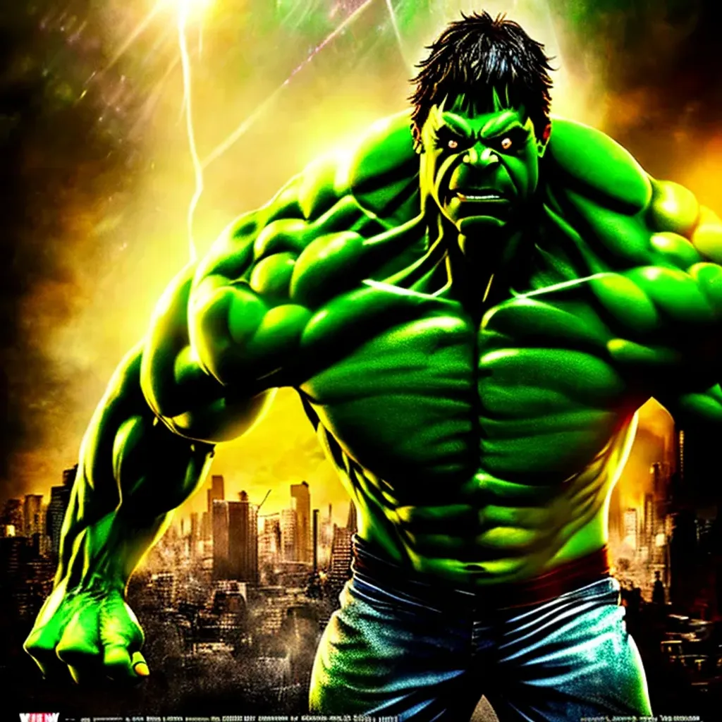 Prompt: HULK, character poster, dramatic lighting, atmospheric dust, intense lens flare, city backdrop