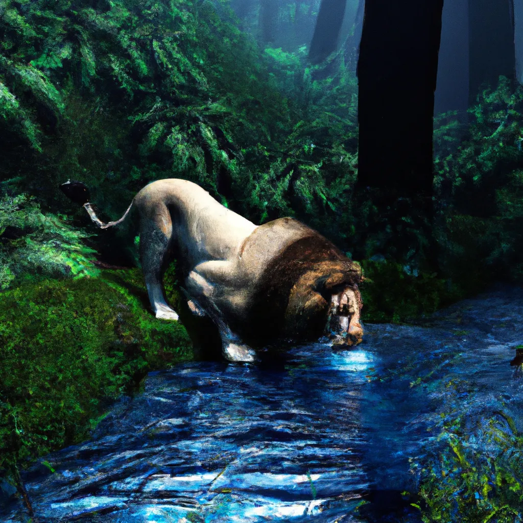 Prompt: a photo realistic render of a lion drinking from a river in a rain forest