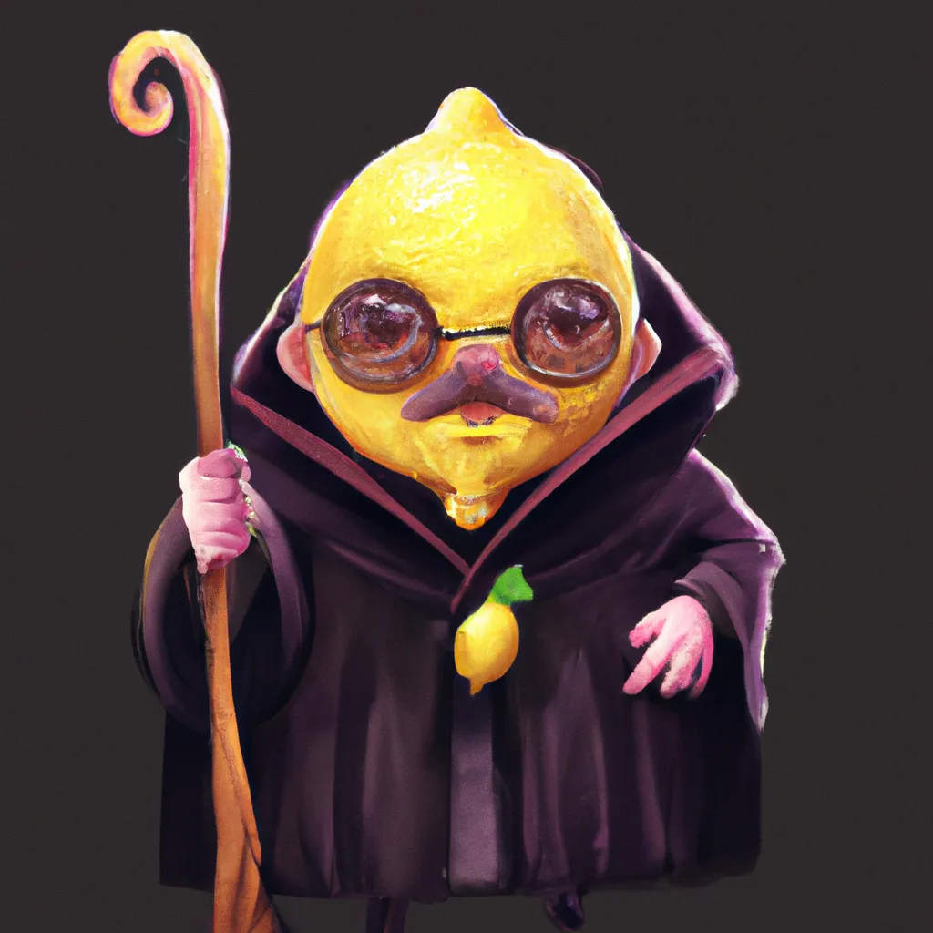 Prompt: an ultra detailed digital art of a yellow lemon character wearing a black robe and holding a magical cane + accurate facial features