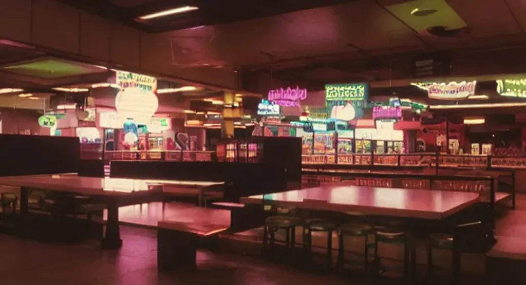 Prompt: inside an empty indoor liminal 90's nostalgic shopping mall foodcourt at night, fuji film quality, neon lights, potted palm trees, colorful store signs, water fountains, restaurant seating, ultra detailed