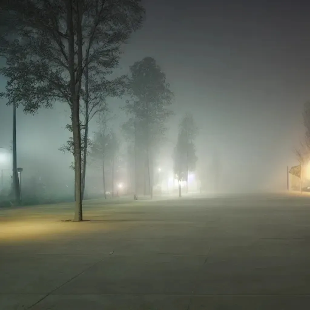 Prompt: concrete park at night with fog