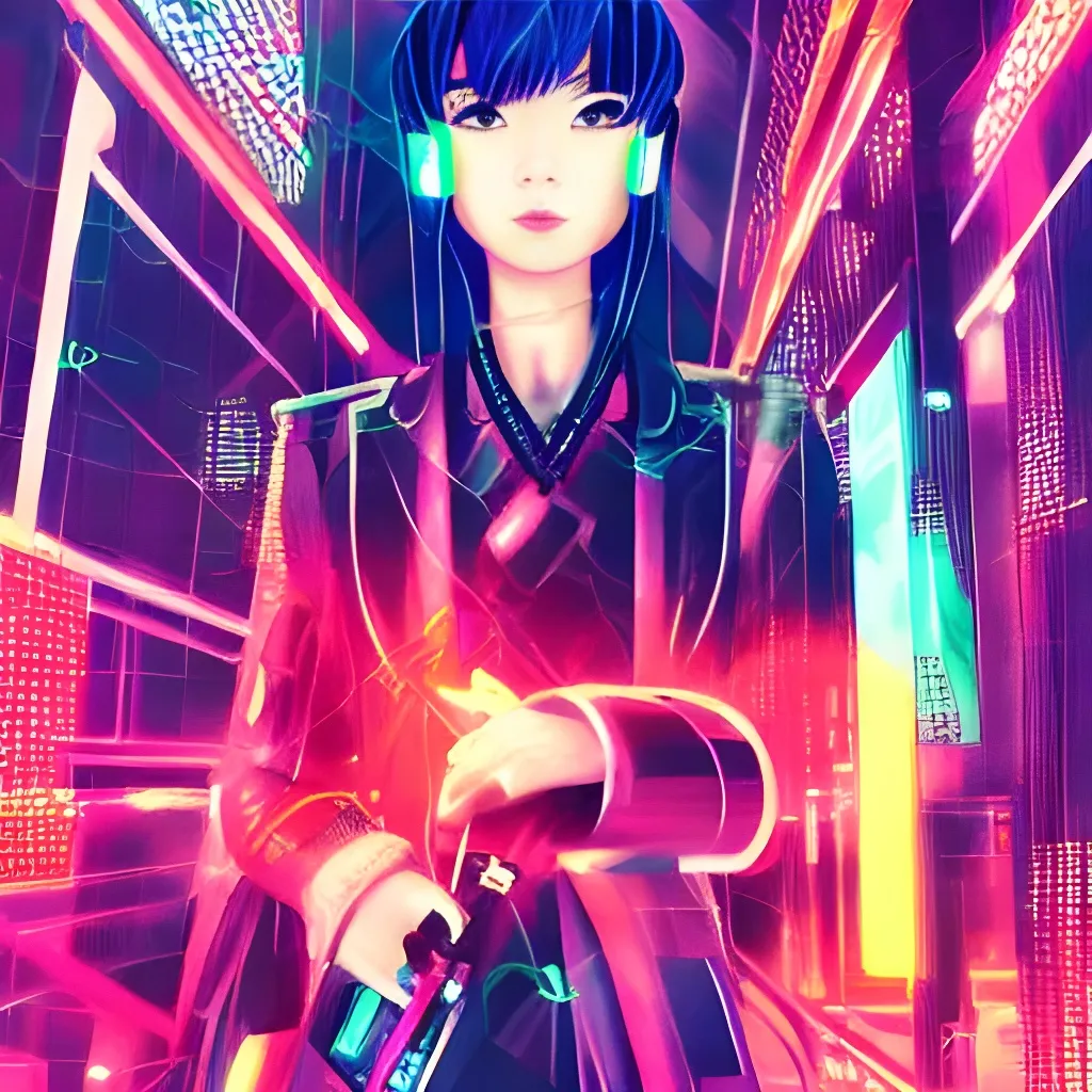 Prompt: close up portrait of a genshin impact anime woman in cyber punk, futuristic, neo Tokyo, blade runner city concept art, in the style of Syd Mead, award winning illustration, neon lights, raining