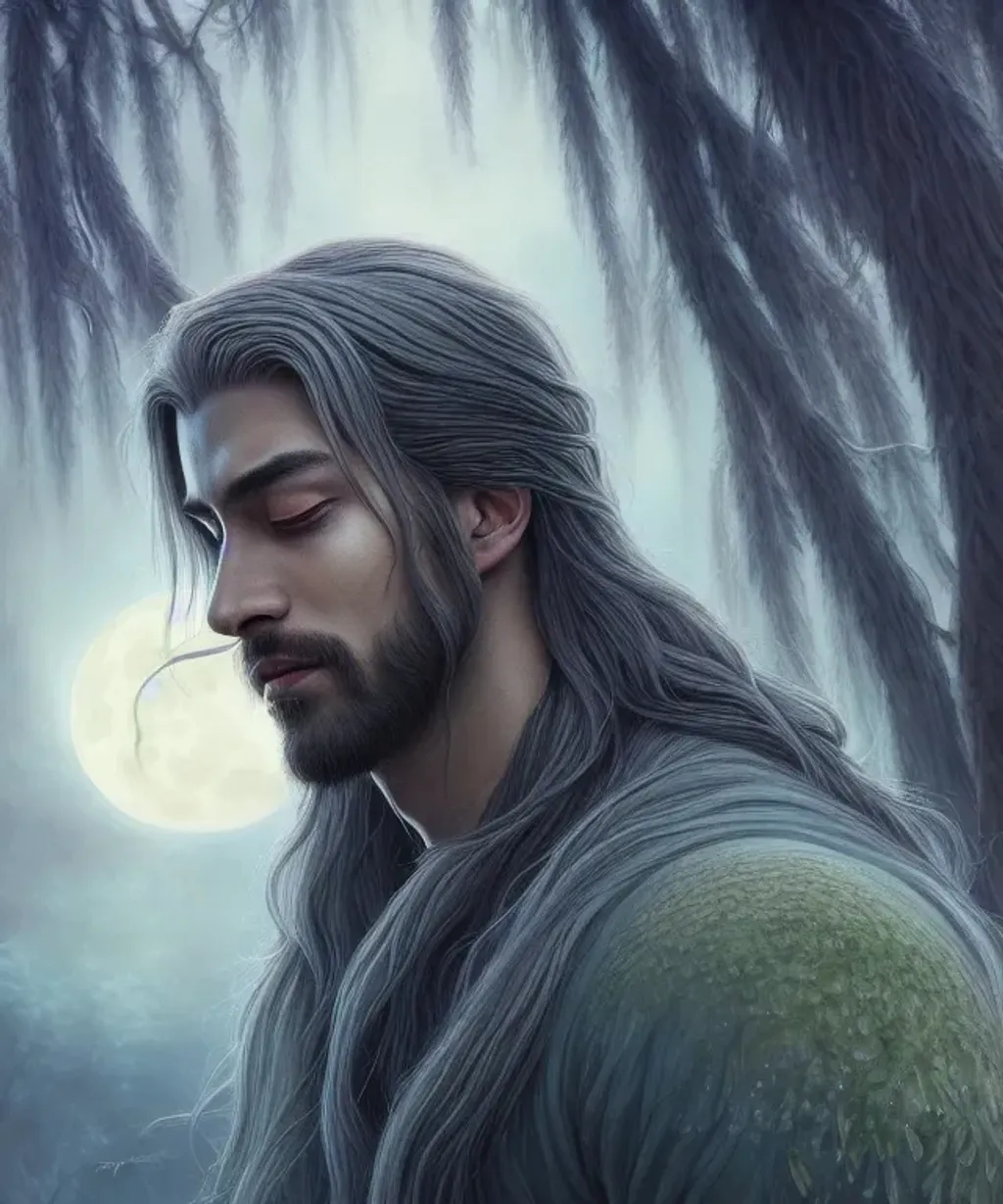 Prompt: An ethereal highly detailed painting of a very handsome man, perfect complexion, gorgeous face,
whispy hair, award-winning,  Cinematic fantasy atmosphere, weeping willow, full moon, cgi, artgerm