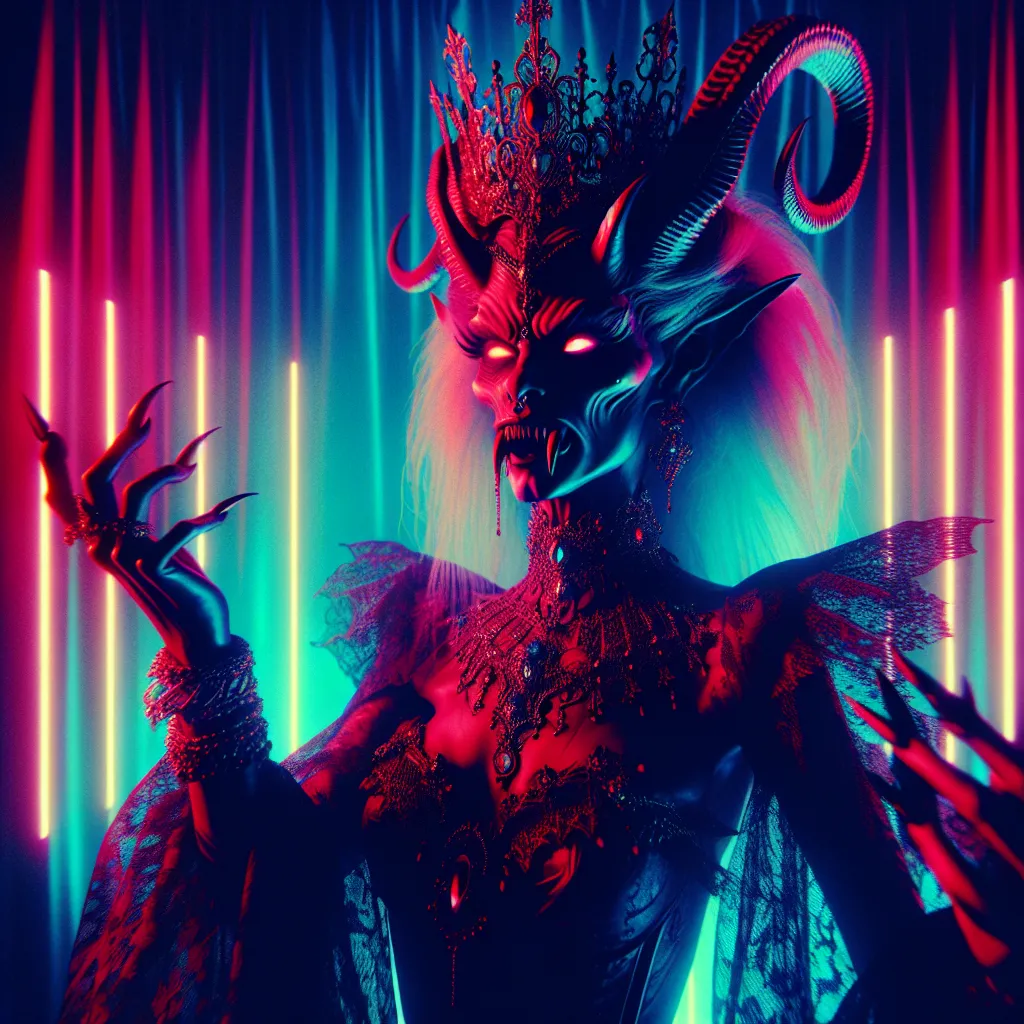 Prompt: Beautiful queen of succubi, demonic figure in a gothic vaporwave setting, dynamic pose, beauty, neon lights casting a dramatic glow, retro aesthetic, high definition, dramatic lighting, demonic, high quality, liminal, vivid colors, detailed features, atmospheric, haunting vibe, surreal, retro-futuristic, intense gaze, otherworldly, dark and unsettling, eerie