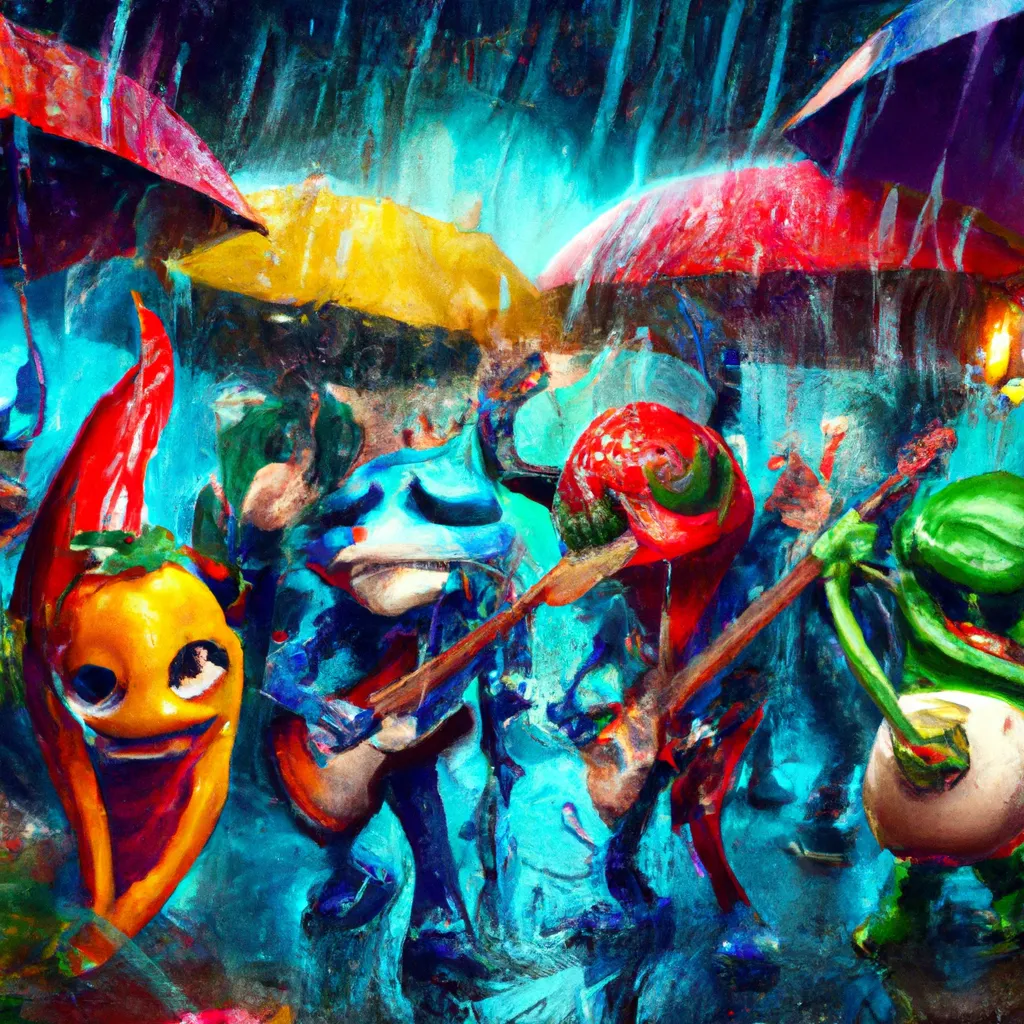 Prompt: Halloween theme-Fun jam session - a group of anthropomorphic hot chili peppers jamming out a rock concert, red, blue, yellow and a green one are walking in the rain holding umbrellas, diffuse lighting, fantasy, intricate, elegant, highly detailed, lifelike, photorealistic, digital painting, artstation, illustration, concept art, smooth, sharp focus, art by artgerm, Lurid and naoto hattori, Use soft color palette. super realistic, super detail, luscious, elegant, gorgeous, Unreal Engine, octane render, 8K, VRAY super realistic 3D, closeup