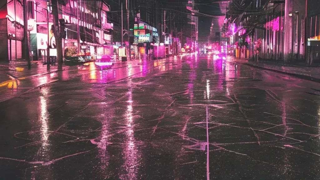 Lonely street road with pink lights and rain | OpenArt
