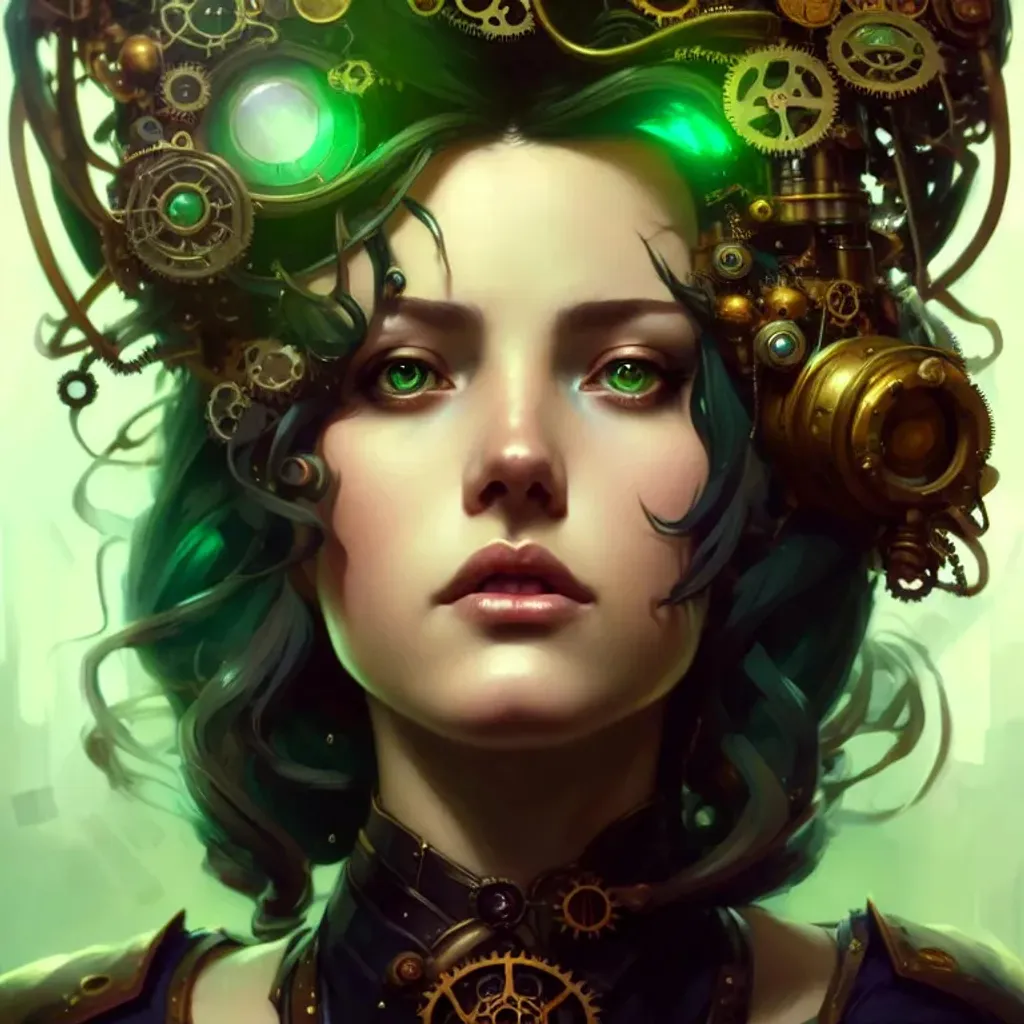 Prompt: Beautiful steampunk queen with shimmering hair, head and shoulders portrait, 8k resolution concept art portrait by Greg Rutkowski, Artgerm, WLOP, Alphonse Mucha dynamic lighting hyperdetailed intricately detailed Splash art trending on Artstation triadic colors Unreal Engine 5 volumetric lighting, striking green eyes, magnificent, splendid, steampunk