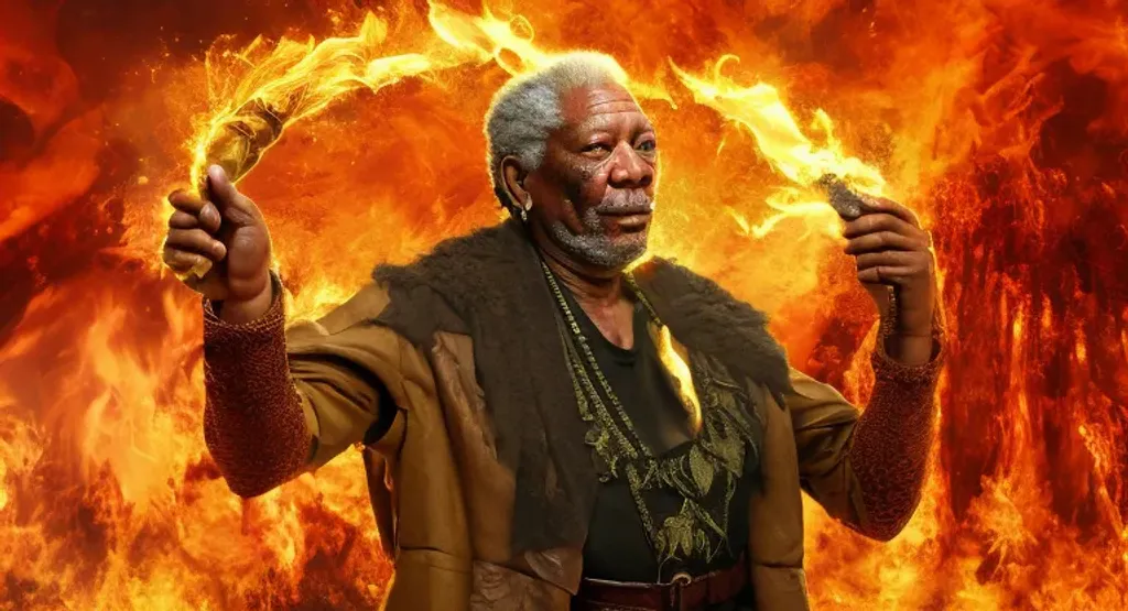 Prompt: Morgan Freeman as a pyromancer, Mage, Sorcerer, 4K, 8K, High Resolution