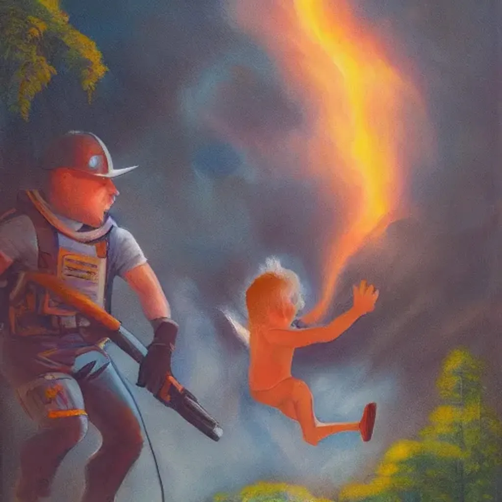 Prompt: Strong Policeman Saving a Child From Death Cliff. with flames and cigar and Hornets. Gorgeous Light Wispy Fairy Painting. 