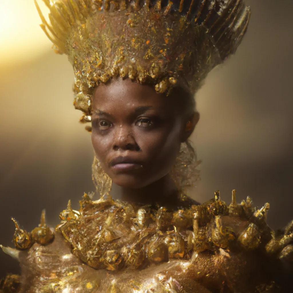 Prompt: A portrait of a golden valley queen with crown and golden royal suit, shallow depth of field,f0.5, telephoto lens,200mm, cinematic lighting,rim lighting , high resolution,modern digital art 