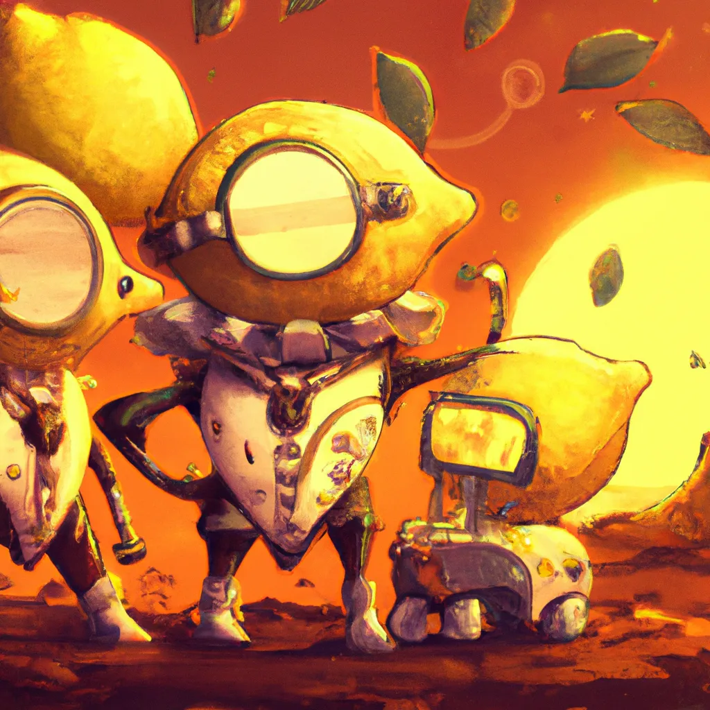 Prompt: the cute lemon Familly character big robots, steampunk style, artstation, golden hours, HQ, 4K, center, reference pose, Lisa Frank