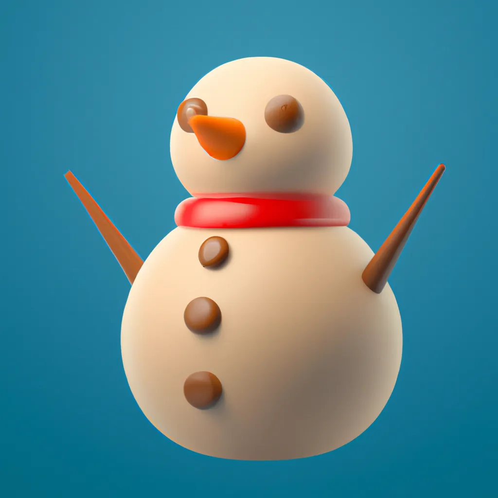 Prompt: 3D render of a cute rounded snowman in a clay style, frontal view, blue background, substance 3d painter, blender, smooth texture, warm lighting, high resolution, trending on behance.net, by Nintendo