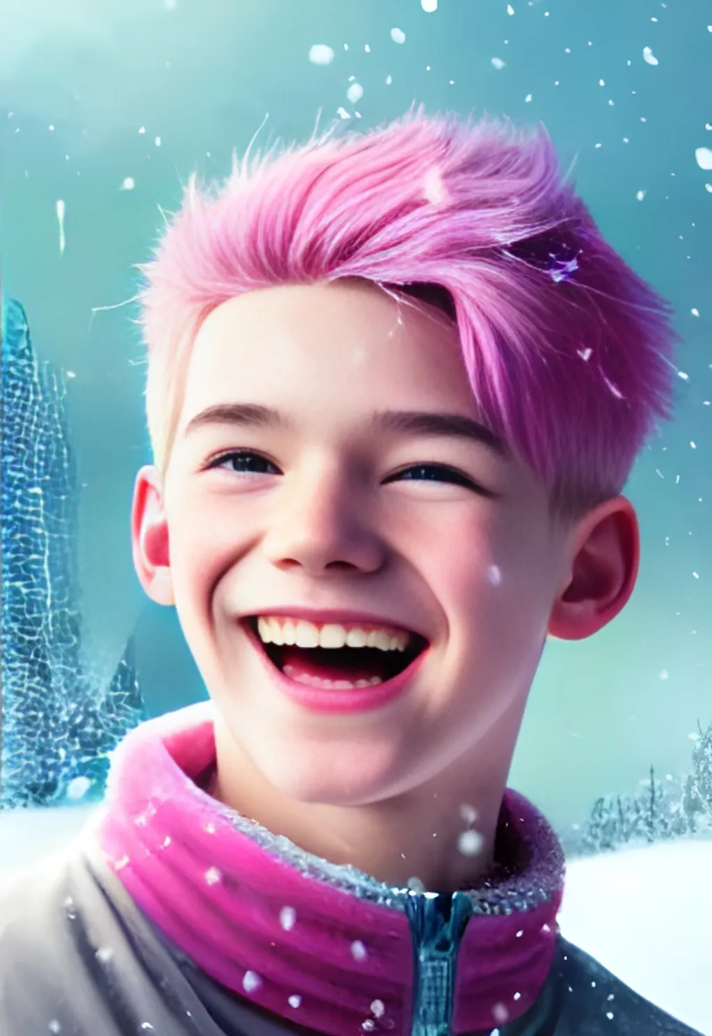 Prompt: Portrait of teen boy With perfect smile and with pink hair and with cute face, North Pole Snow Vibe, perfect composition, hyperrealistic, super detailed, 8k, high quality, trending art, trending on artstation, sharp focus, studio photo, intricate details, highly detailed, by greg rutkowski