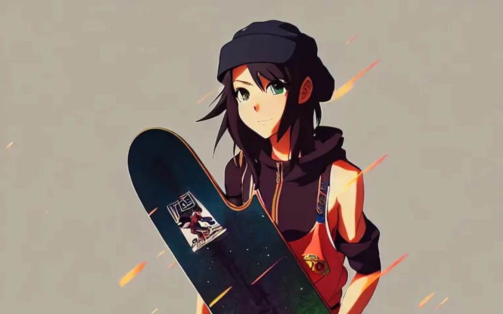 Dark blue hair anime boy skateboarding