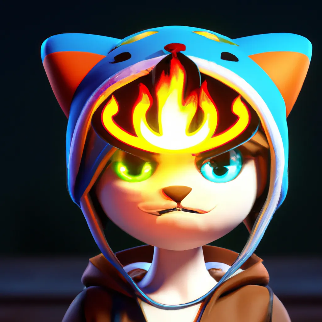 Prompt: A cool Anime character, half cat half jack-o-lantern with blue eyes wearing a beanie, on fire at a concert hall, a character portrait by Andrei Kolkoutine, Artstation, sots art, 3d game art, quantum wavetracing, dark and mysterious