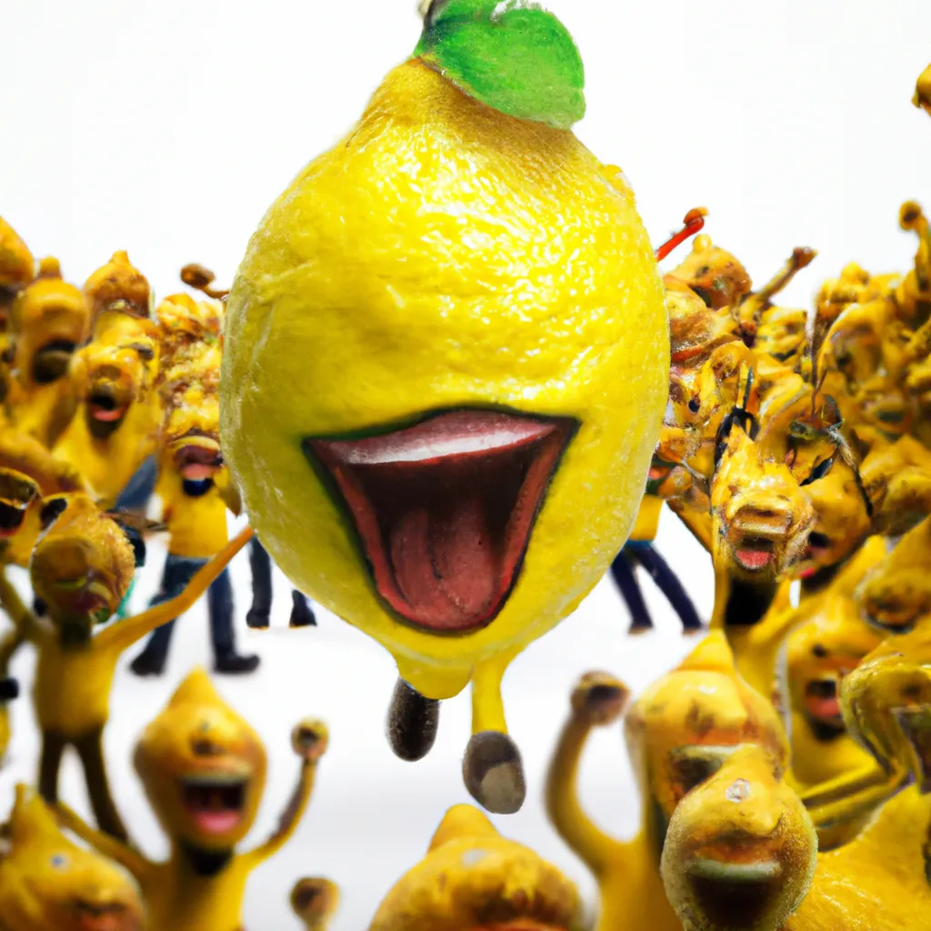 Prompt: 3-D, Photo-Realistic, Laughing Giant Lemon surround by huge crowd of, joyus, cheering, dancing, lemon admirers
