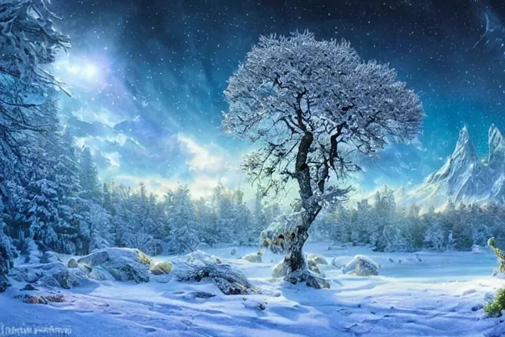 Prompt: Winter Wonderland, Beautiful Fantasy Landscape, Realistic And Natural, Cosmic Sky, Detailed Full-Color, Nature, Hd Photography, Fantasy By John Stephens, Galen Rowell, David Muench, James Mccarthy, Hirō Isono, Realistic Surrealism, Elements By Nasa, Magical, Detailed, Alien Plants, Gloss, Hyperrealism