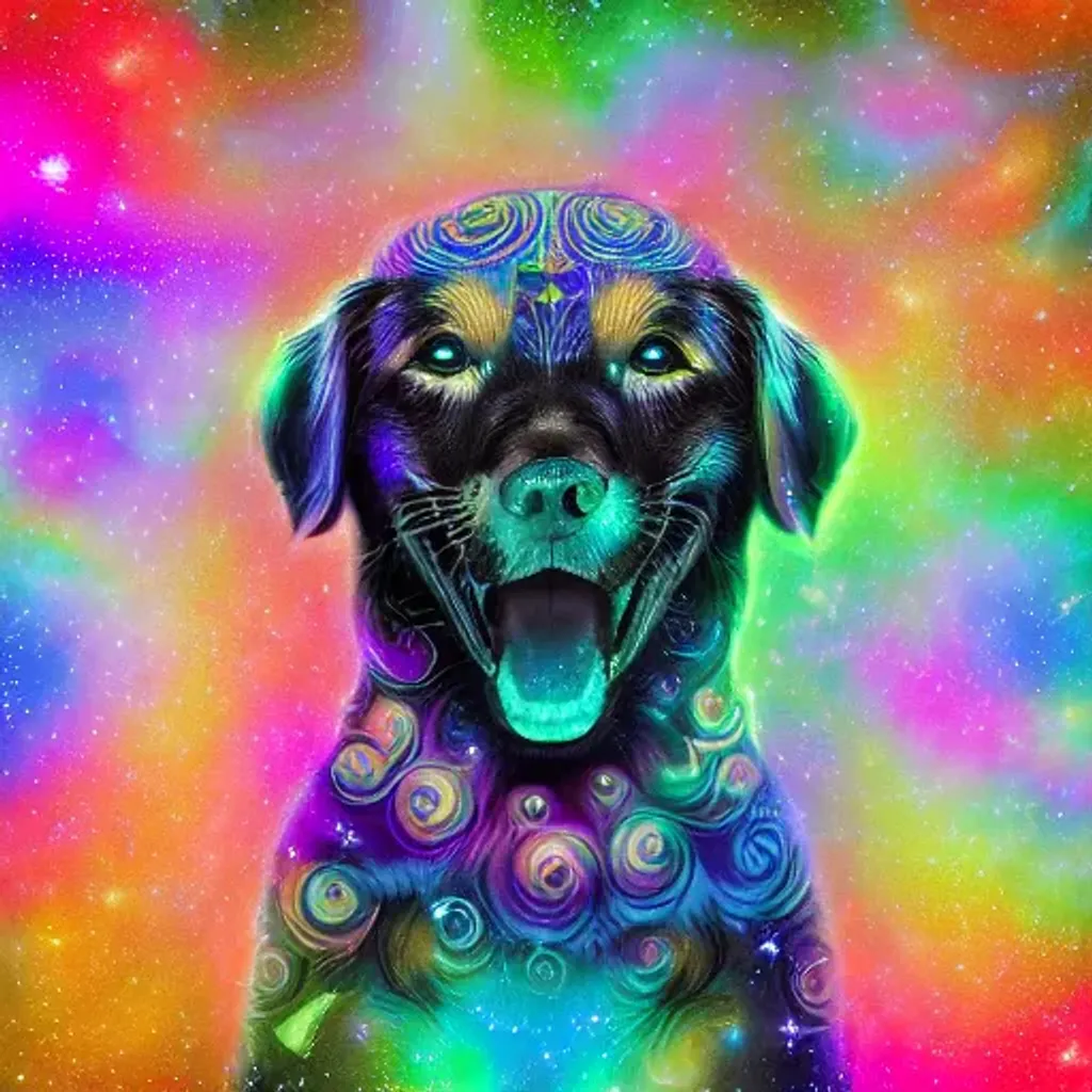 Prompt: centered portrait, young adorable retriever goddess, ultra-detailed fractal piezoluminescence makeup, detailed rainbow galaxy background, ancient colors, muted colors, soft colors, sharp focus, intricate details, highly detailed, by Anna Dittmann, Gerhard Richter, Rubens, Larry Bud Melman