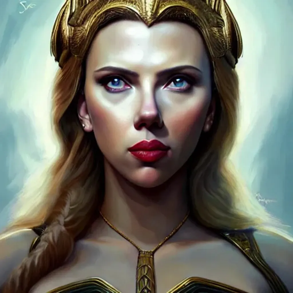 Prompt: A detailed painting of a full length portrait of Scarlett Johansson as Artemis, the Greek Goddess of the hunt, nature and birth. By Anne Stokes and Steve Argyle and Daniela Uhlig and Tom Bagshaw. Trending on Artstation, digital character painting