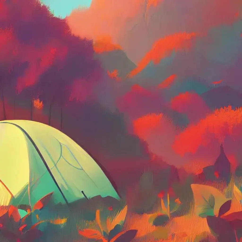 Prompt: dreamy landscape, colorful trees, tent, mountains, by Anton fadeev