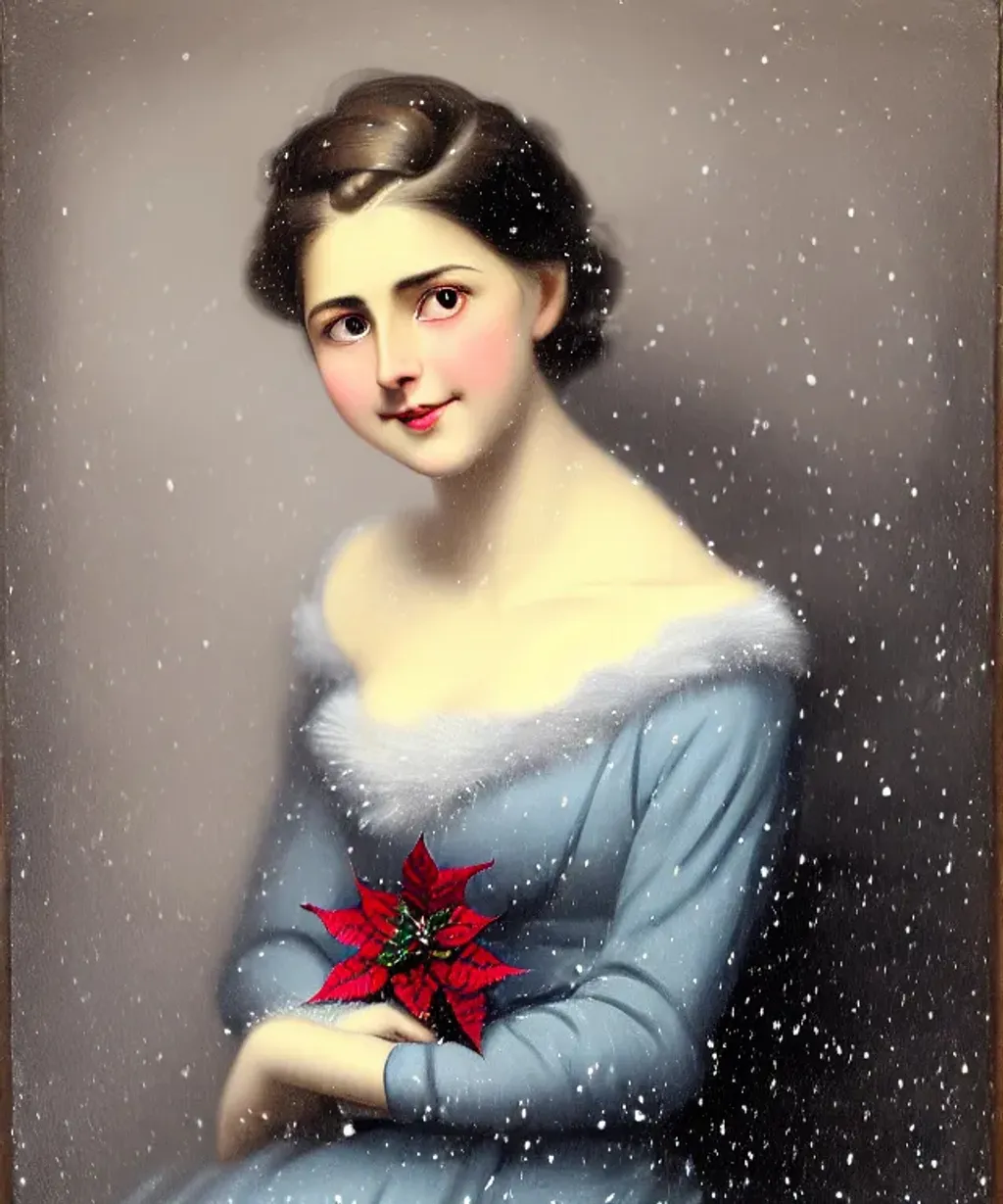 Prompt: young woman, attractive, elegant, confident, optimistic, smiling, indigo pine red fulvous silver photorealistic beautiful big eyes, heavenly look, highly detailed modern Christmas style clothing, fine skin details ((centered composition)) by Theodor von Holst, Edwin Landseer, Winter, snowflakes, poinsettia,  Vintage photograph, portrait painting, global illumination, occlusion, volumetric lighting, volumetric mist, sharp focus, 128K UHD Poser, octane 